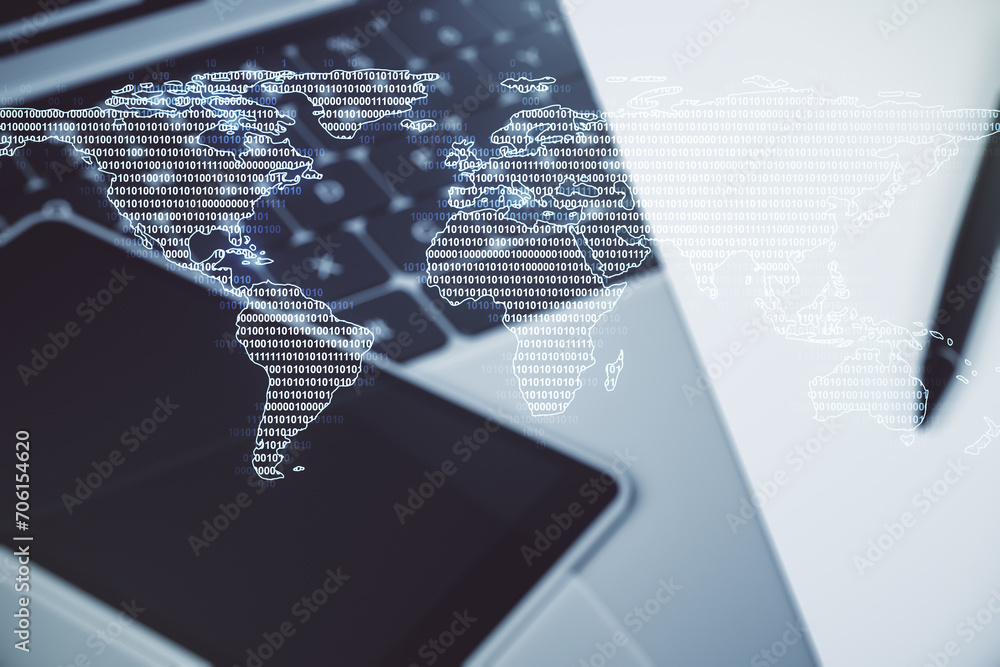 Aufkleber double exposure of abstract digital world map on computer background, big data and blockchain concep