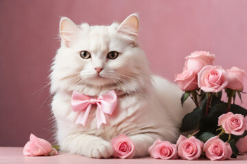 beautiful white kitten cat with pink rose and pink background