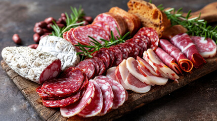A wooden board displays an artisan selection of salami, cheese, and bread, accented with rosemary, presenting a rustic yet refined choice for holiday entertaining.