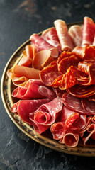 An exquisite selection of cured meats artfully arranged on a vintage plate, offering a variety of textures and flavors for a gourmet charcuterie experience.