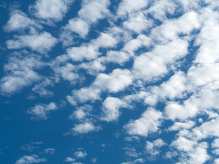 White fluffy clouds in the blue sky with morning light
