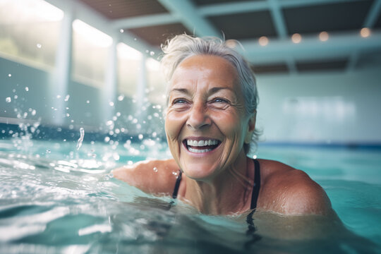 senior woman swimming in indoor swimming pool, smiling portrait of retired woman in water, sport for active seniors