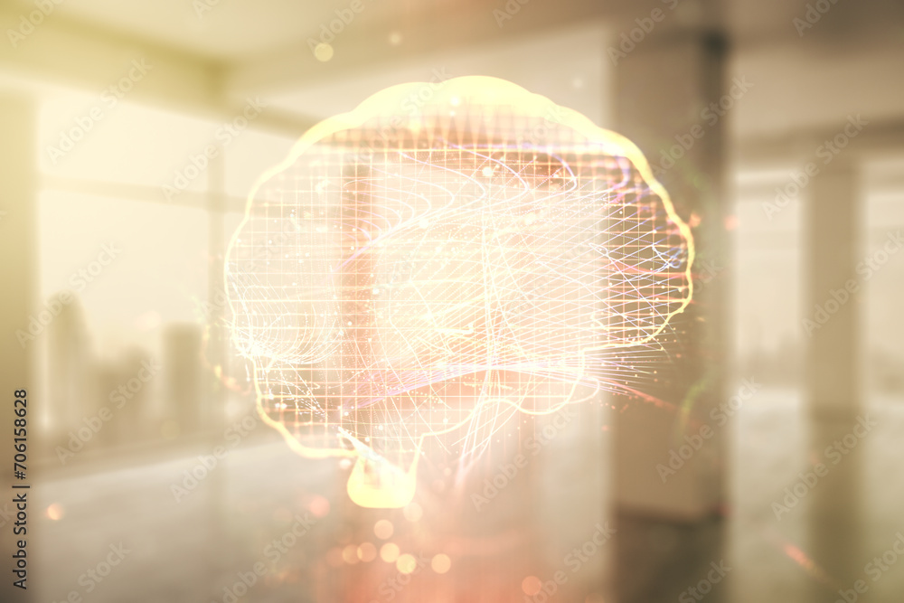 Aufkleber virtual creative artificial intelligence hologram with human brain sketch on empty corporate office 