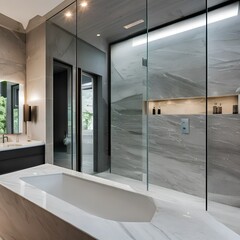 A luxurious bathroom with marble walls, a glass-enclosed shower, and a freestanding tub2