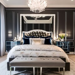 A Hollywood glam-inspired bedroom with a mirrored vanity, velvet tufted headboard, faux fur accents, and crystal chandeliers1