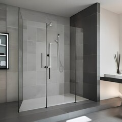 A modern spa bathroom with a rainfall shower, a freestanding bathtub, and marble accents2