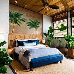 A tropical-themed bedroom with palm leaf prints, bamboo, and a rattan rug5