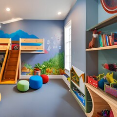 A whimsical kids playroom with a loft, wall, and slide2