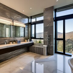 A luxurious bathroom with marble walls, a glass shower, and a freestanding tub3