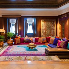 A Moroccan-inspired lounge with floor cushions, ornate rugs, and a low table3