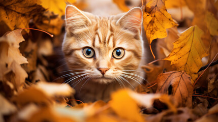 Naklejka na ściany i meble cat on autumn leaves