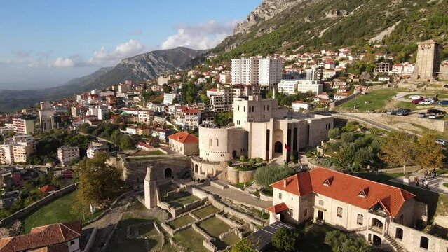 Aerial 360 of the castle of Kruje, National History Museum, Kruja Museum and landscape, Albania, Europe