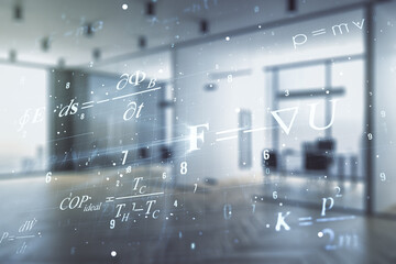 Scientific formula hologram on a modern furnished office interior background, research concept....