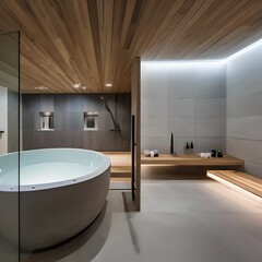 A serene and minimalist spa bathroom with a tub and lighting1