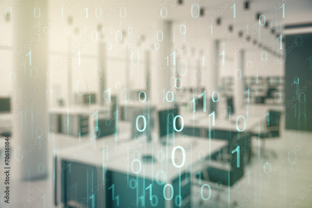 Poster abstract virtual binary code hologram on a modern furnished classroom background, ai and machine lea