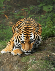 A tiger laying on a rock in the grass, a digital rendering by Bholekar Srihari, sharp focus, creative commons attribution, and majestic.