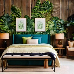 A tropical-themed bedroom with palm leaf prints, bamboo furniture, and a rattan rug5