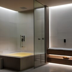 A serene and minimalist spa bathroom with a sunken tub and soft lighting4