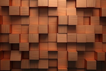 Arrangement of square tiles forming a wooden wall with a soft sheen, created from 3D blocks. Rendered in 3D. Generative AI