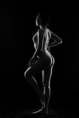 Silhouette of attractive young woman in underwear on dark background