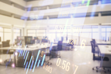 Multi exposure of virtual abstract financial diagram on a modern furnished office interior...