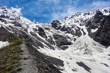 Hiking trail to the Skazsky glacier in the Caucasus mountains