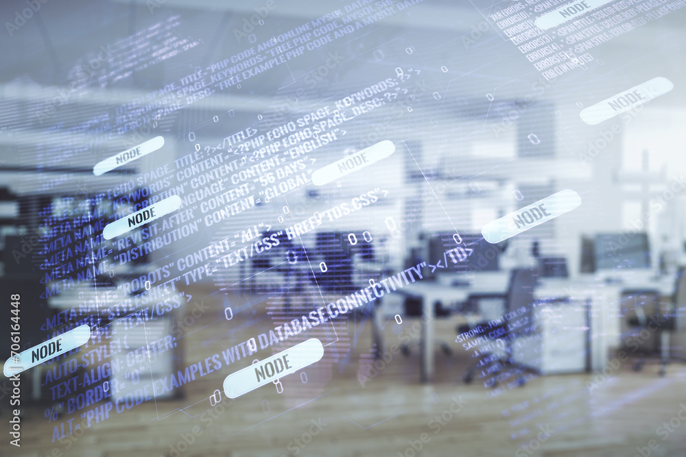 Poster Multi exposure of abstract graphic coding sketch and world map on a modern furnished classroom background, big data and networking concept