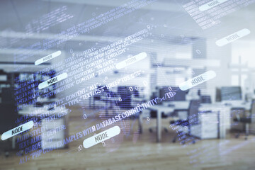 Multi exposure of abstract graphic coding sketch and world map on a modern furnished classroom...