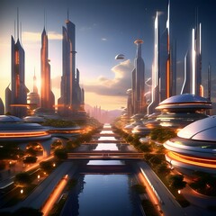  cityscape that reflects a futuristic sci fi environment with unique buildings advanced