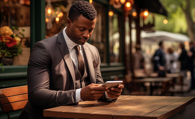A formally dressed African-American man looks at his smartphone while sitting in an outdoor cafe. - obrazy, fototapety, plakaty