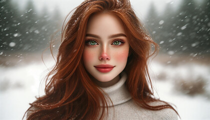 Realistic portrait of a 26-year-old girl model with long red hair in a mild snowstorm, outdoors.