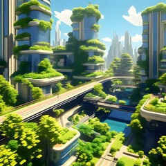 solarpunk metropolis infused with verdant greenery within urban design featuring sustainable - obrazy, fototapety, plakaty