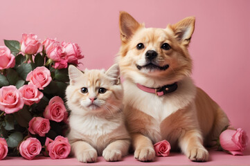 Fototapeta na wymiar pomeranian dog and kitten cutely poses with pink roses and pink wall studio background
