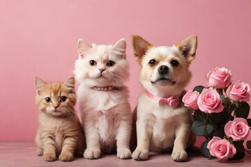 Fototapeta na wymiar a group of cat and dog puppy pose in a simple pink wall background with pink roses and ribbon, valentine's day and love theme