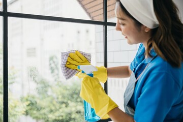 A cheerful woman wearing gloves sprays and cleans office windows. Her dedication to housework emphasizes hygiene and purity ensuring transparent and spotless windows. - obrazy, fototapety, plakaty