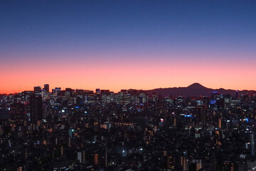 An evening Mt Fuji view from Solamachi building next to Tokyo Skytree in Tokyo, Japan. January 4, 2024