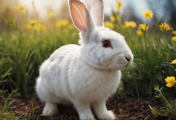 Fototapeta premium healthy Lovely bunny easter fluffy brown rabbits, Adorable baby rabbit on green garden nature background. The Easter brown hares. Close - up of a rabbit. Symbol of easter festival animal.