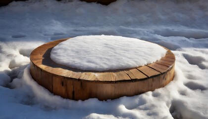 an atmospheric digital artwork showcasing a round wooden platform with a layer of snow on top. Use lighting and shadows to enhance the texture and depth of both the wood and the snow.
