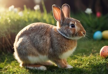 Fototapeta premium gray rabbits in the grass among colored eggs at sunset or sunrise. Spring or summer sunny day outdoors.