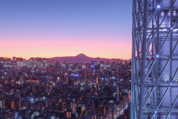 An evening Mt Fuji view from Solamachi building next to Tokyo Skytree in Tokyo, Japan. January 4, 2024