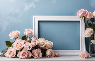 simple white photo frame mockup with bouquet of roses in a simple elegant blue pastel background