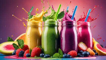 colorful, splashing smoothie in a glas with fruits