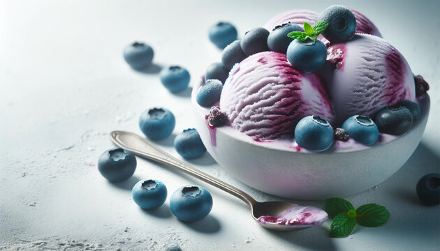 Blueberry ice cream on a concrete white background- with copy space-The image should focus on the texture and color of the blueberry.