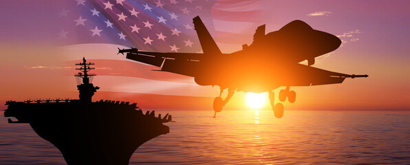 Aircraft carrier and warplane on sea sunset background. National flag of USA. NAVY forces. 3d illustration.