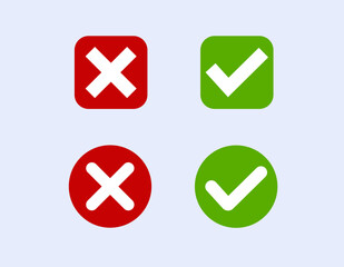 a set of 4 web buttons, Green Check Mark and Red Cross Mark in Two Variants Square and Rounded