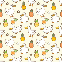 Seamless Pattern with Cartoon Duck and Pineapple Design on Light Yellow Background