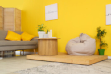 Fototapeta na wymiar Blurred view of living room with beanbag, sofa and plants