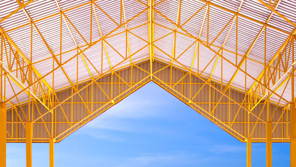 Yellow metal roof beams and columns with aluminum corrugated tile roof of industrial building with blue sky background, symmetric and inside view