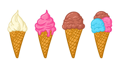 Handdrawn Various Ice Cream Cone Illustration. Vector ice cream flavour.