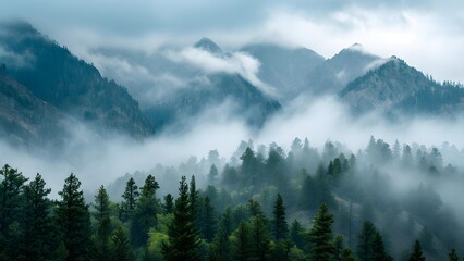 Fototapeta na wymiar Landscape of mysty foggy forest, AI generate